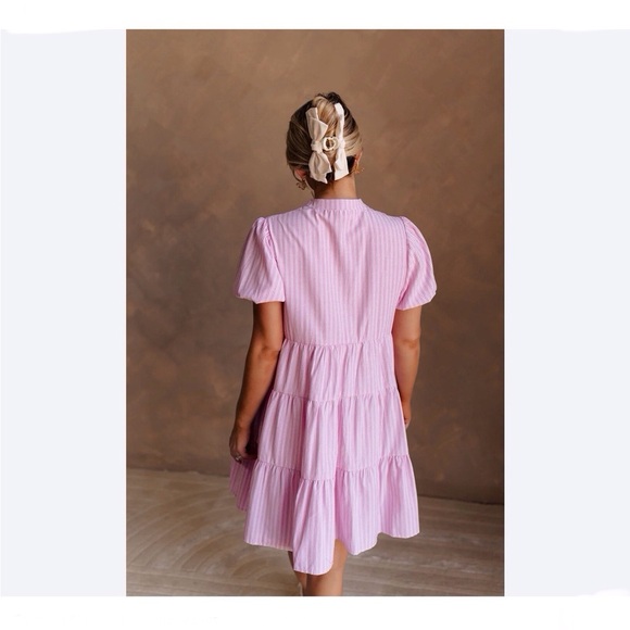 She + Sky Pink & White Stripe Puff Sleeve Mini Sundress Size Small V Neckline - Picture 8 of 12